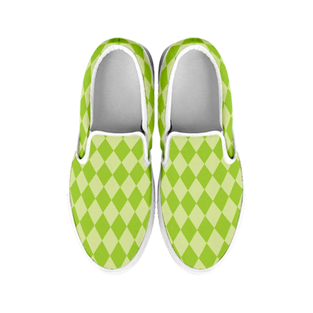 Green Harlequin Pattern Print White Slip On Shoes