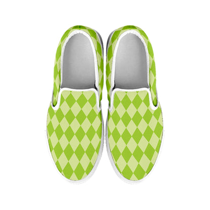 Green Harlequin Pattern Print White Slip On Shoes