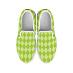 Green Harlequin Pattern Print White Slip On Shoes