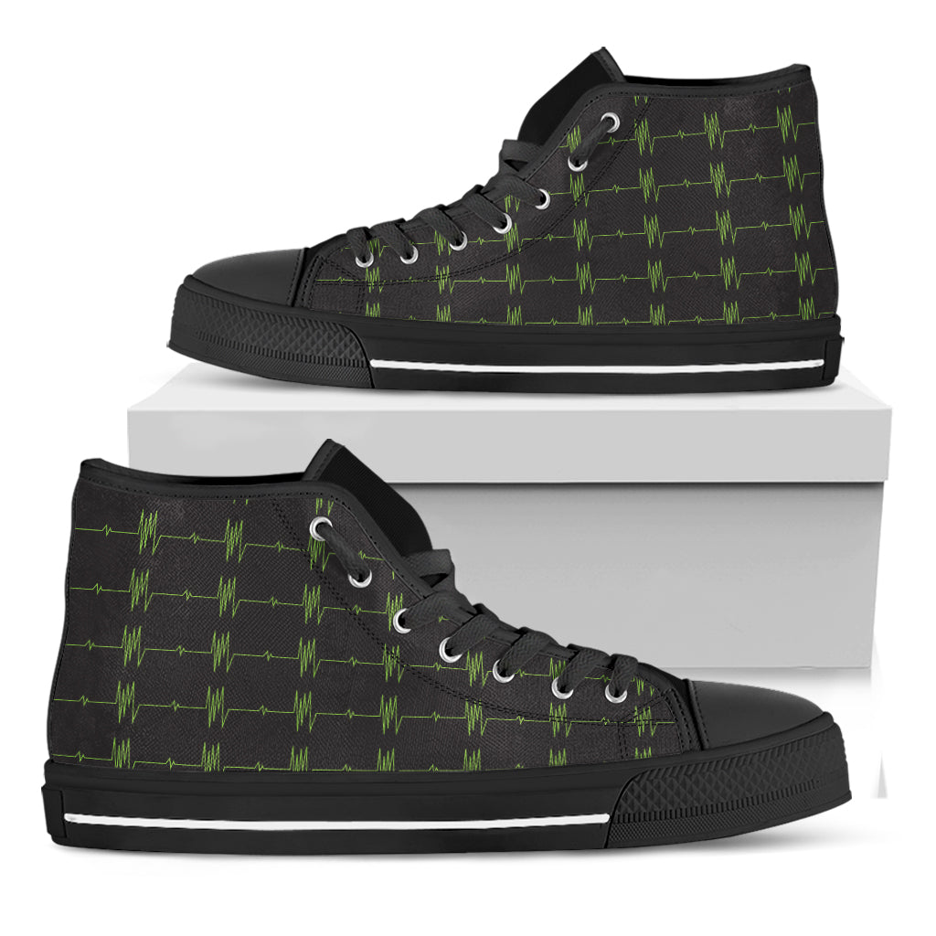 Green Heartbeat Pattern Print Black High Top Shoes