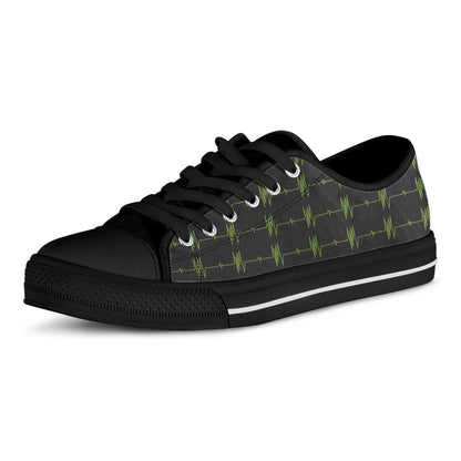Green Heartbeat Pattern Print Black Low Top Shoes