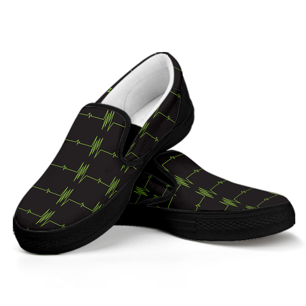 Green Heartbeat Pattern Print Black Slip On Shoes