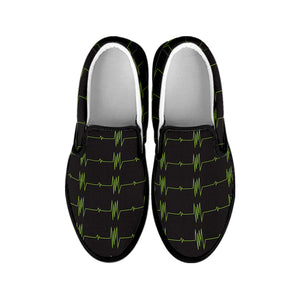 Green Heartbeat Pattern Print Black Slip On Shoes