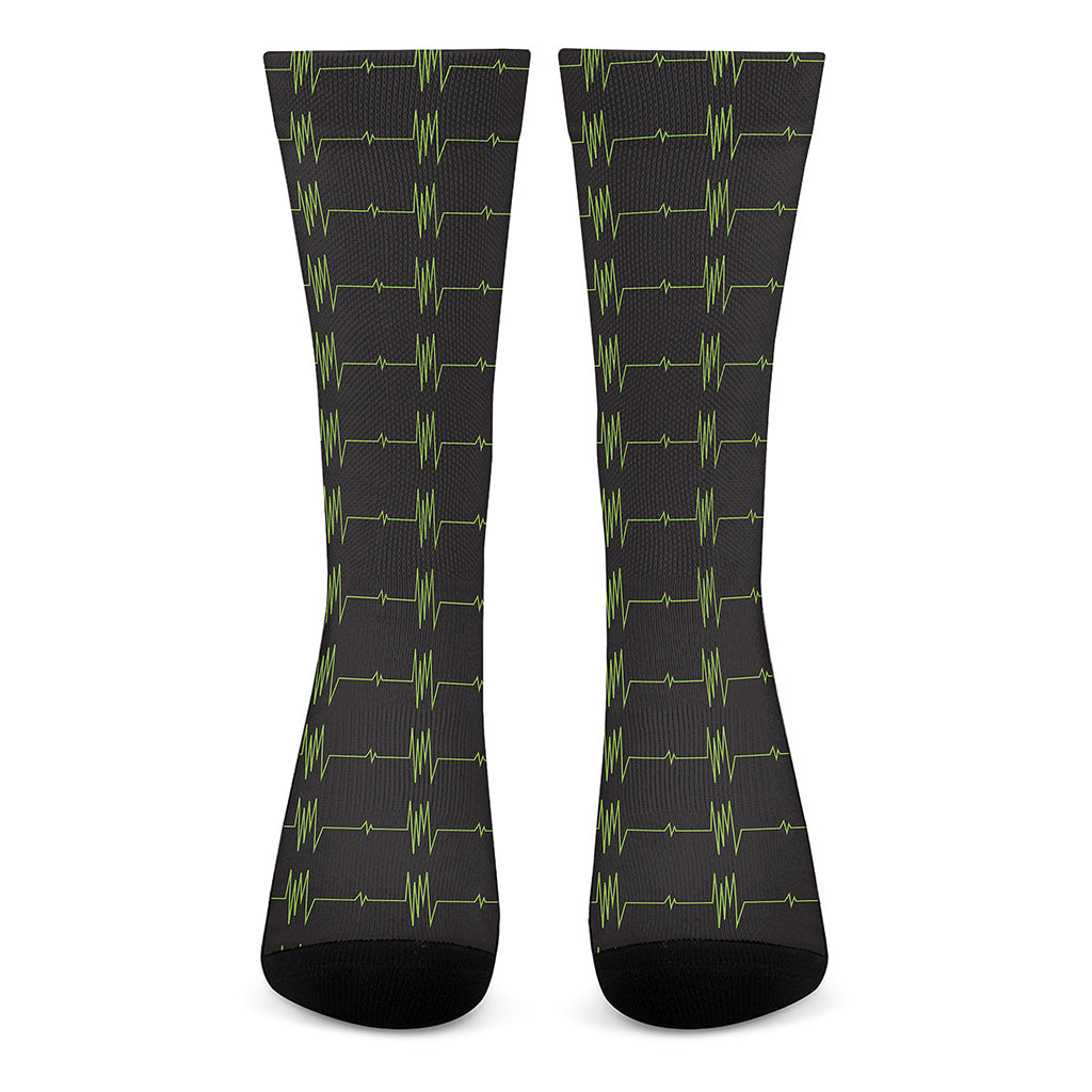 Green Heartbeat Pattern Print Crew Socks