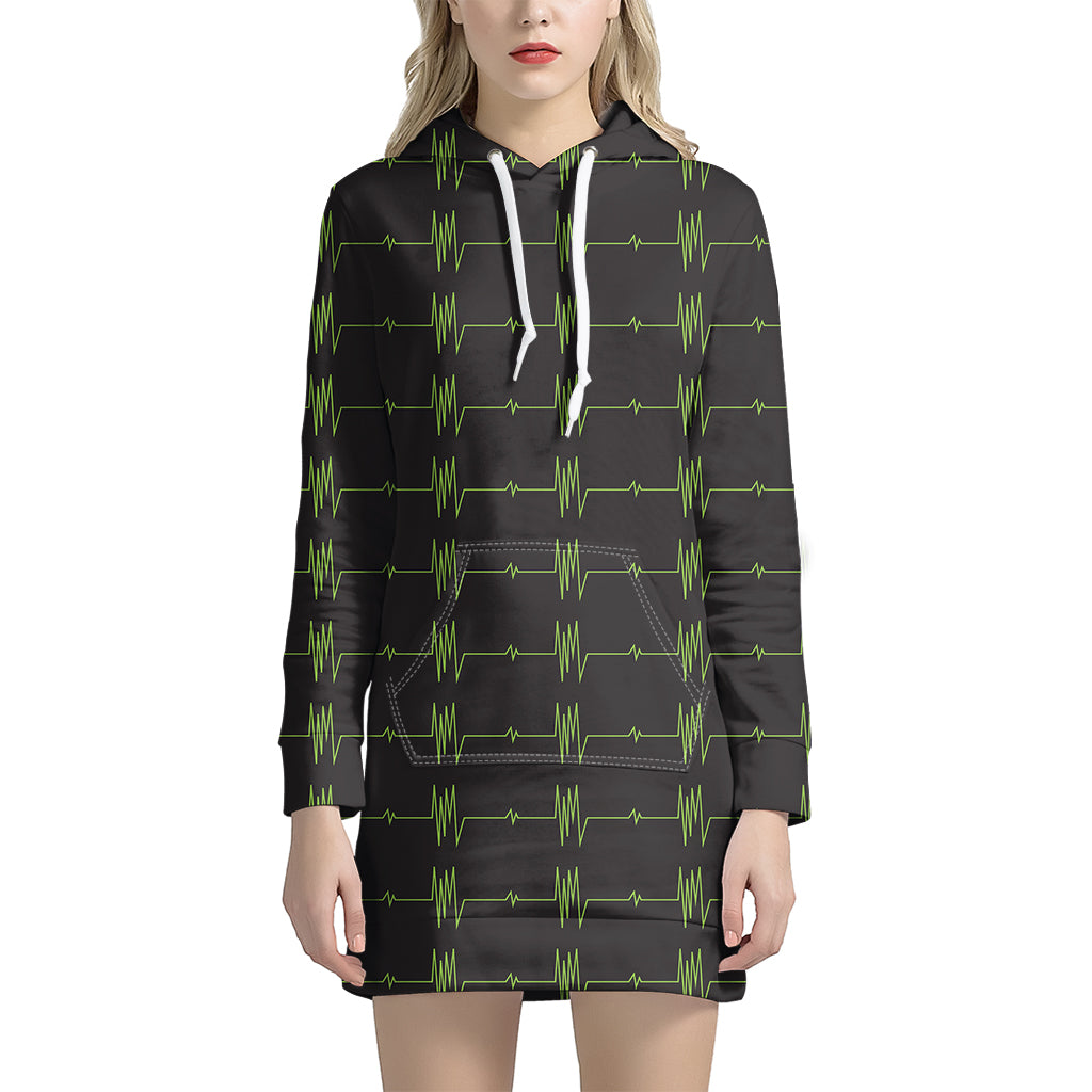 Green Heartbeat Pattern Print Hoodie Dress