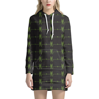 Green Heartbeat Pattern Print Hoodie Dress