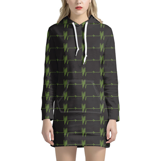 Green Heartbeat Pattern Print Hoodie Dress