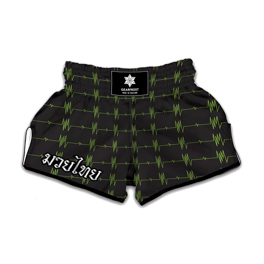 Green Heartbeat Pattern Print Muay Thai Boxing Shorts
