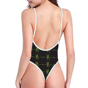 Green Heartbeat Pattern Print One Piece High Cut Swimsuit