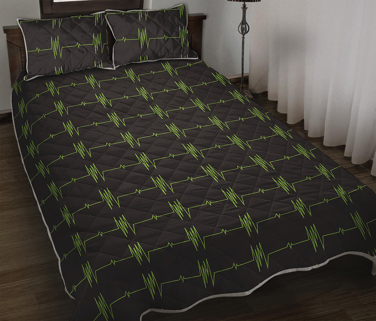 Green Heartbeat Pattern Print Quilt Bed Set