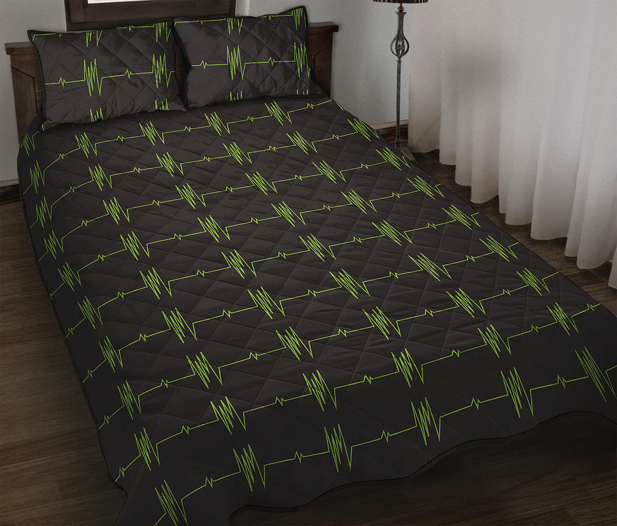 Green Heartbeat Pattern Print Quilt Bed Set