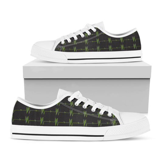 Green Heartbeat Pattern Print White Low Top Shoes