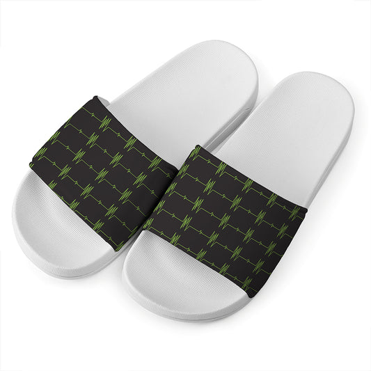 Green Heartbeat Pattern Print White Slide Sandals