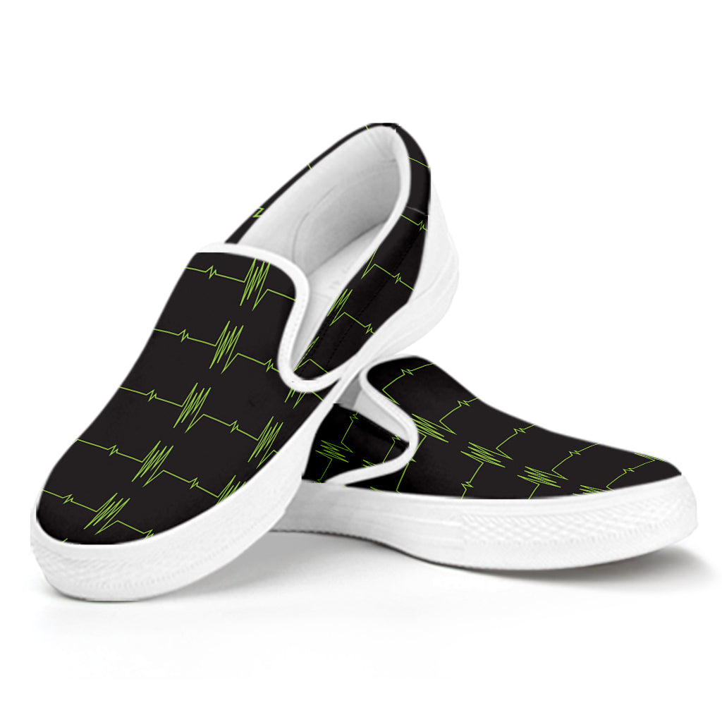 Green Heartbeat Pattern Print White Slip On Shoes