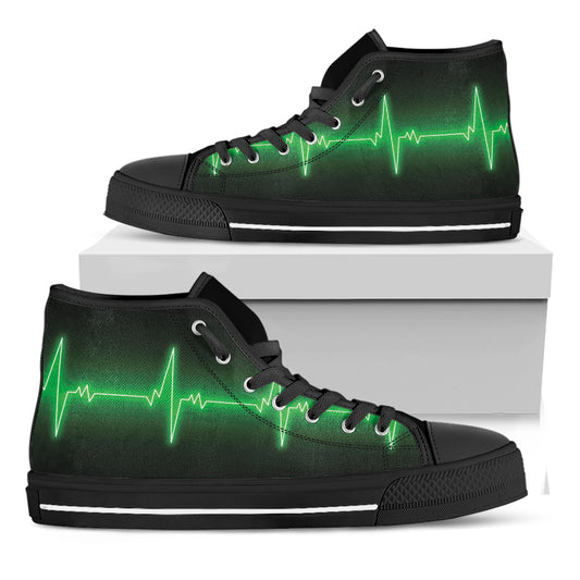 Green Heartbeat Print Black High Top Shoes