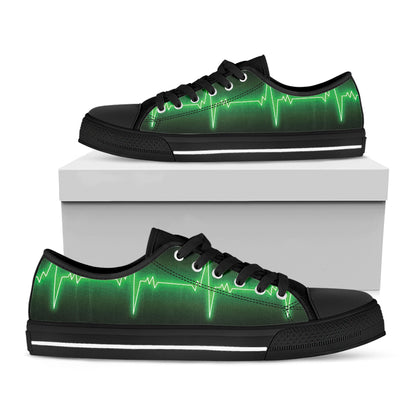 Green Heartbeat Print Black Low Top Shoes 