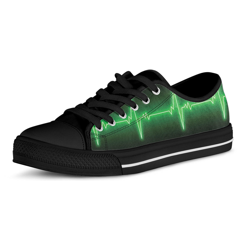 Green Heartbeat Print Black Low Top Shoes 