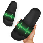 Green Heartbeat Print Black Slide Sandals