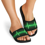 Green Heartbeat Print Black Slide Sandals