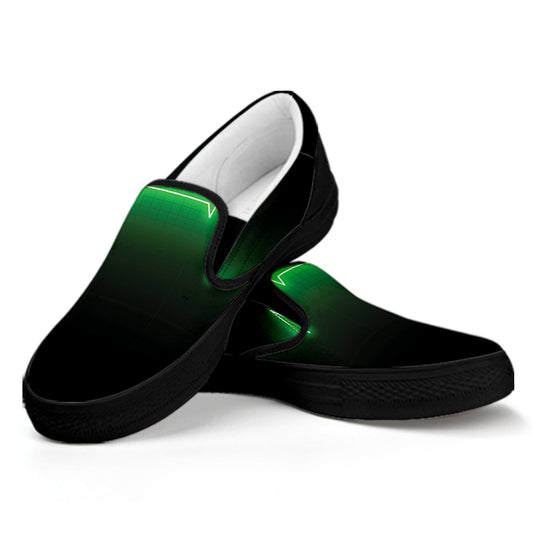 Green Heartbeat Print Black Slip On Shoes