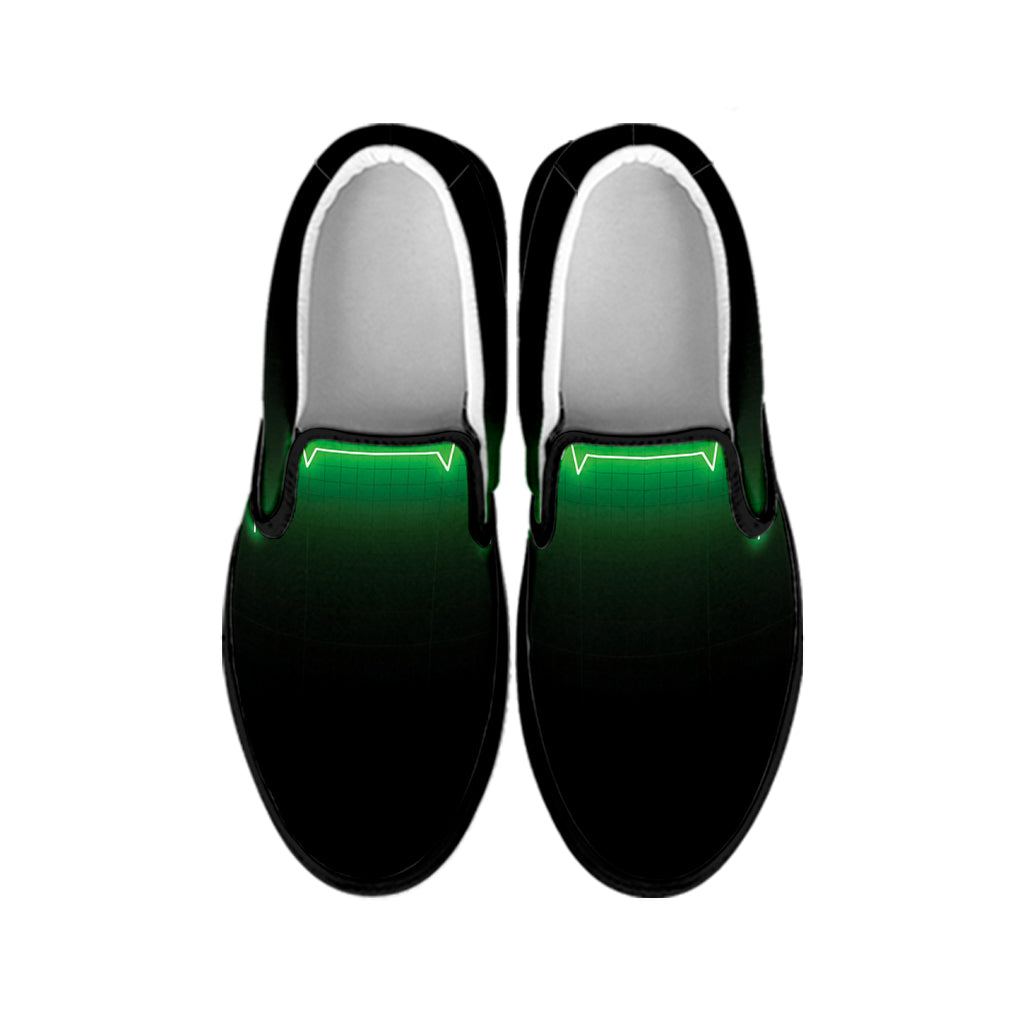 Green Heartbeat Print Black Slip On Shoes