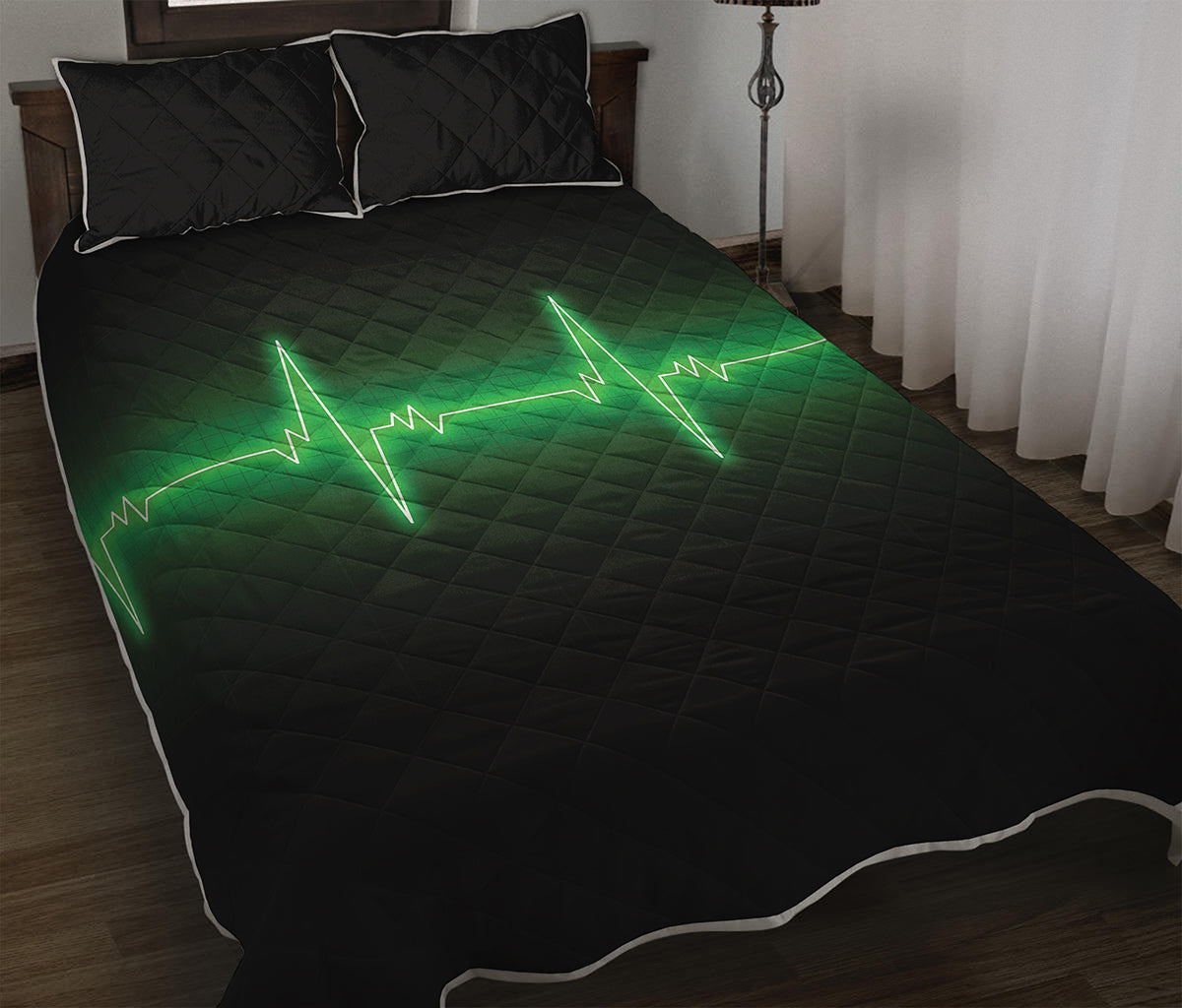 Green Heartbeat Print Quilt Bed Set