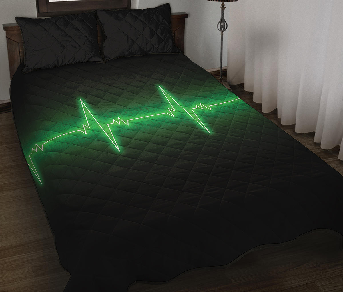 Green Heartbeat Print Quilt Bed Set