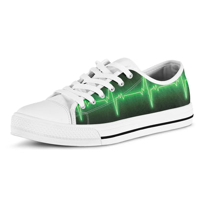 Green Heartbeat Print White Low Top Shoes