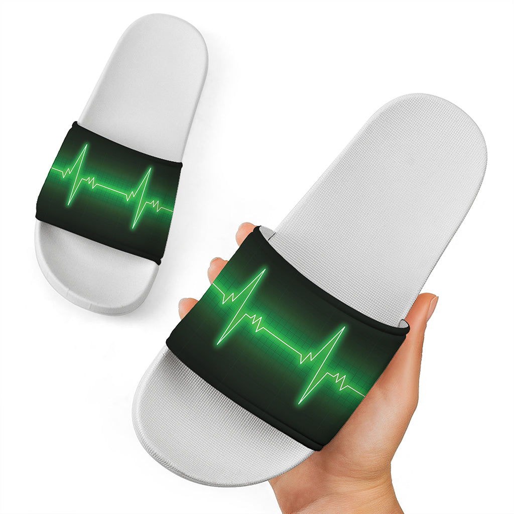 Green Heartbeat Print White Slide Sandals