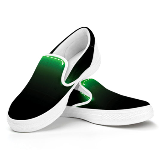 Green Heartbeat Print White Slip On Shoes