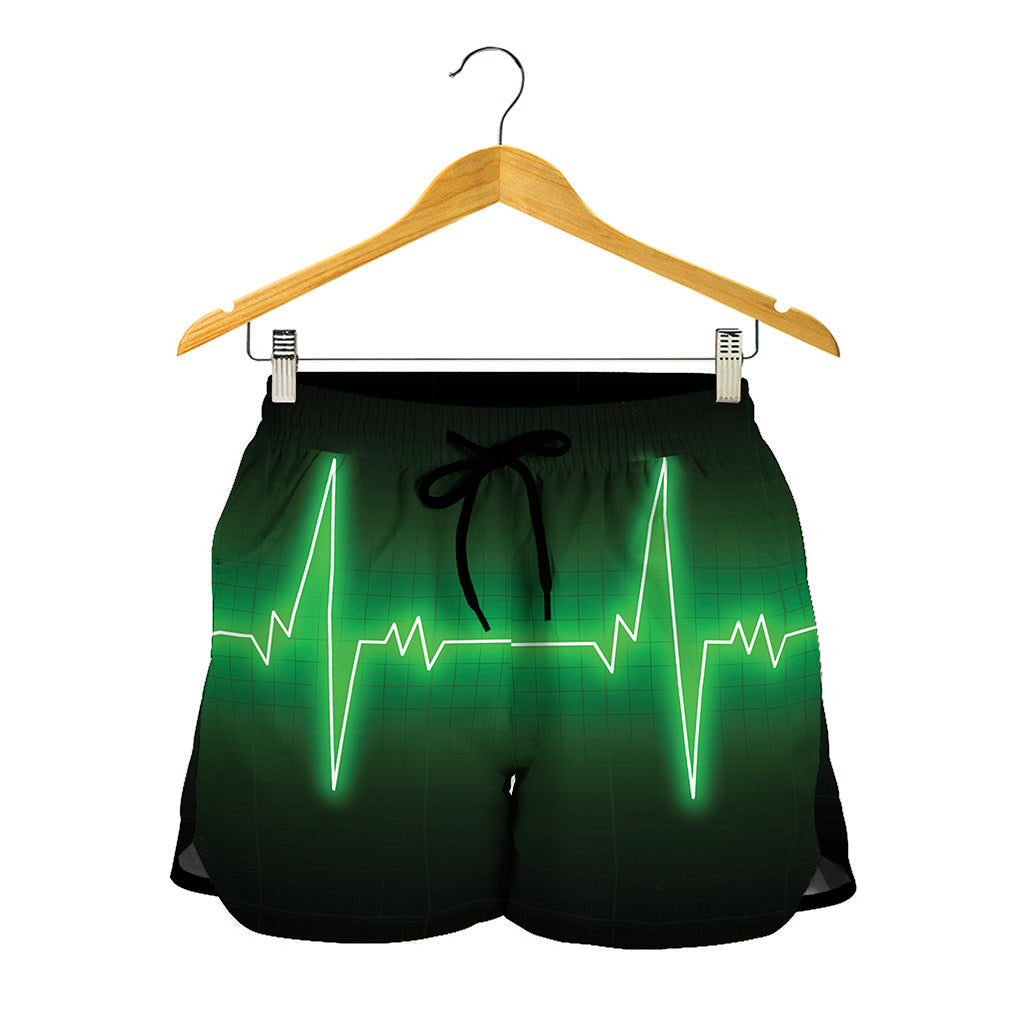 Green Heartbeat Print Women's Shorts
