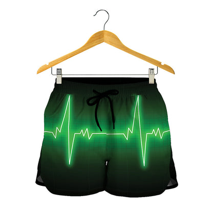 Green Heartbeat Print Women's Shorts