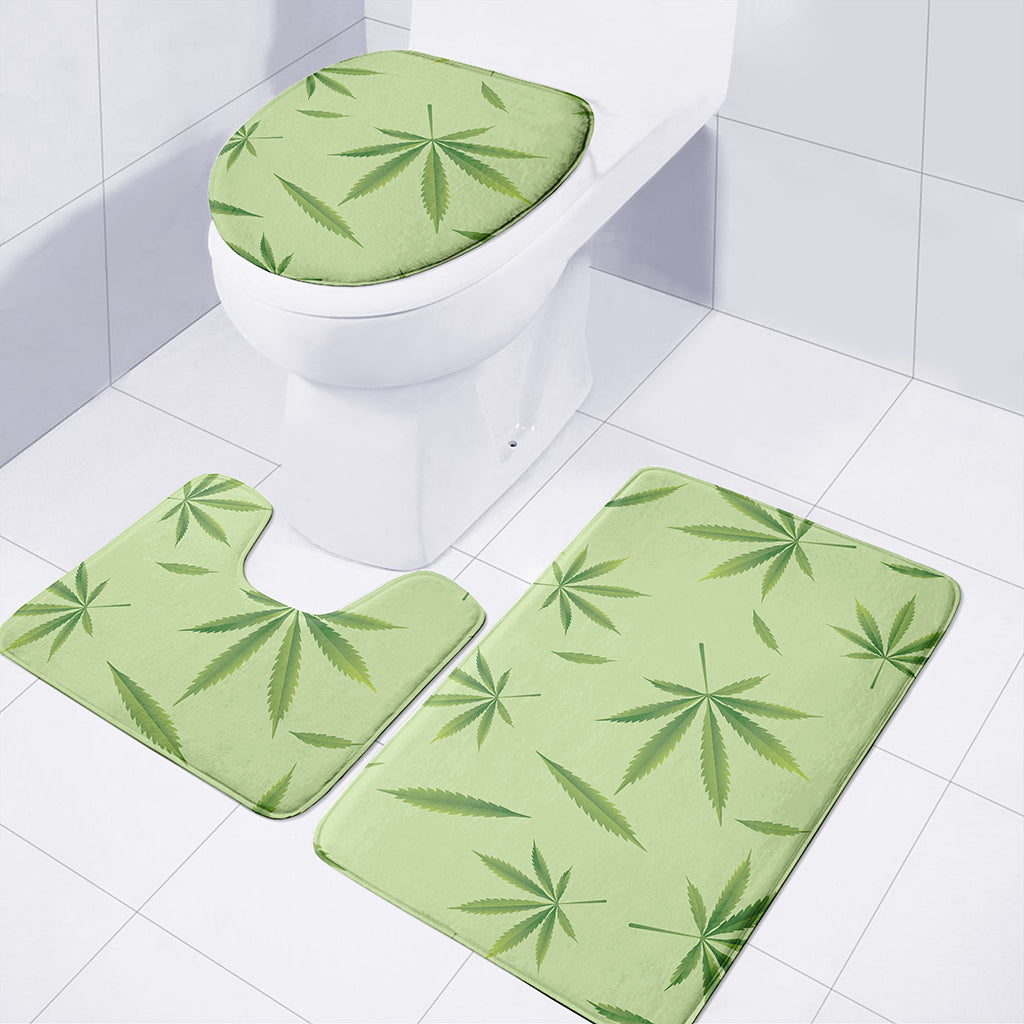 Green Hemp Leaves Pattern Print 3 Piece Bath Mat Set