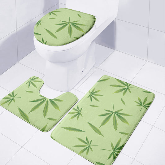 Green Hemp Leaves Pattern Print 3 Piece Bath Mat Set