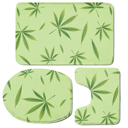 Green Hemp Leaves Pattern Print 3 Piece Bath Mat Set