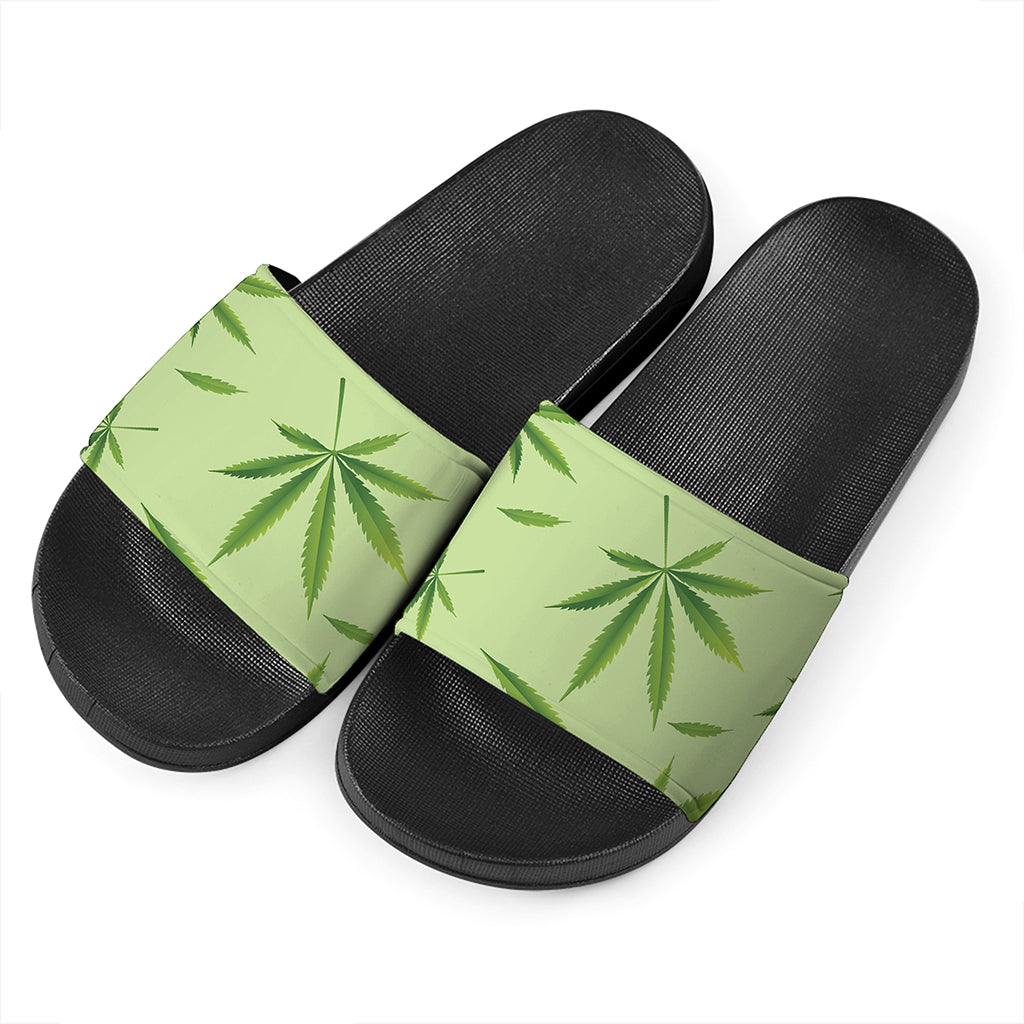 Green Hemp Leaves Pattern Print Black Slide Sandals