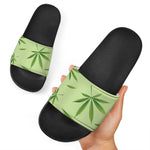 Green Hemp Leaves Pattern Print Black Slide Sandals