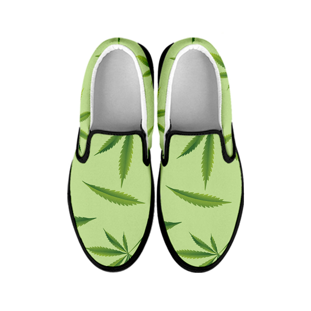 Green Hemp Leaves Pattern Print Black Slip On Shoes