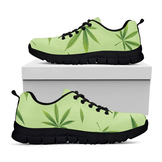 Green Hemp Leaves Pattern Print Black Sneakers
