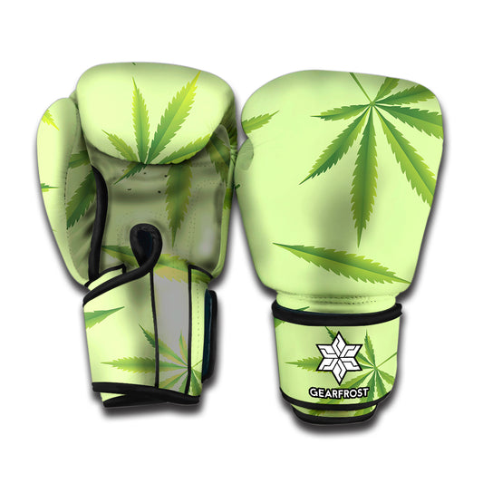 Green Hemp Leaves Pattern Print Boxing Gloves