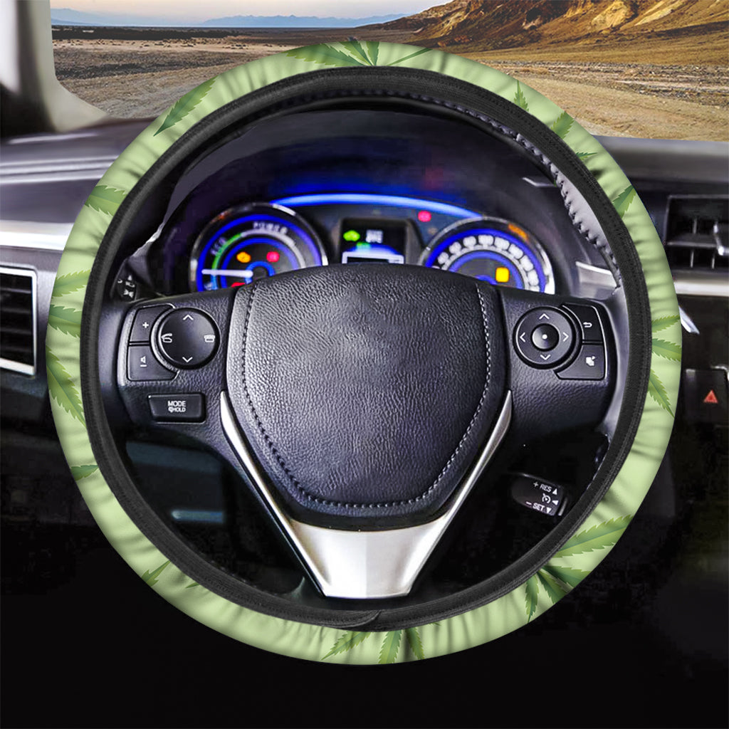 Green Hemp Leaves Pattern Print Car Steering Wheel Cover