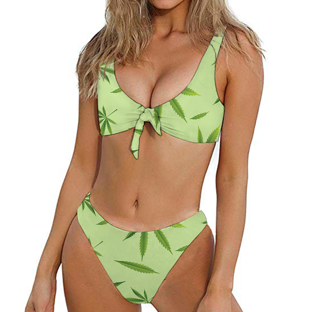 Green Hemp Leaves Pattern Print Front Bow Tie Bikini
