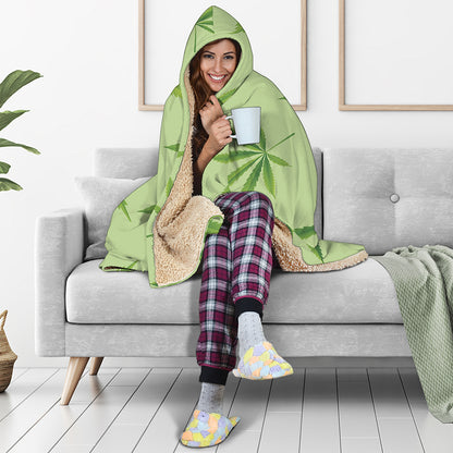 Green Hemp Leaves Pattern Print Hooded Blanket