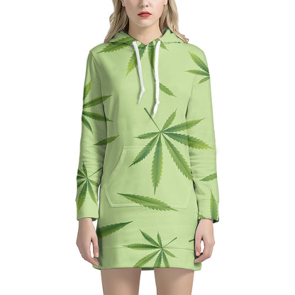 Green Hemp Leaves Pattern Print Hoodie Dress