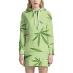 Green Hemp Leaves Pattern Print Hoodie Dress