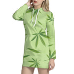 Green Hemp Leaves Pattern Print Hoodie Dress