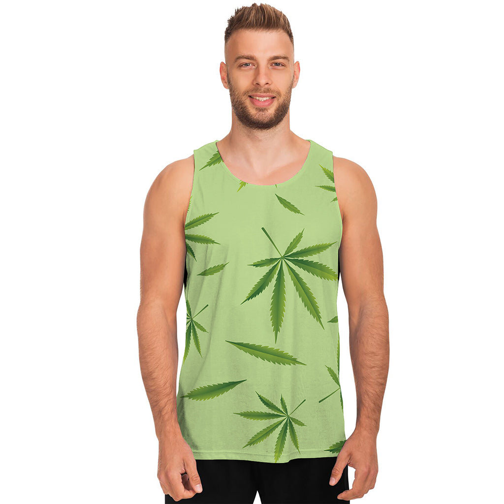 Green Hemp Leaves Pattern Print Men's Tank Top