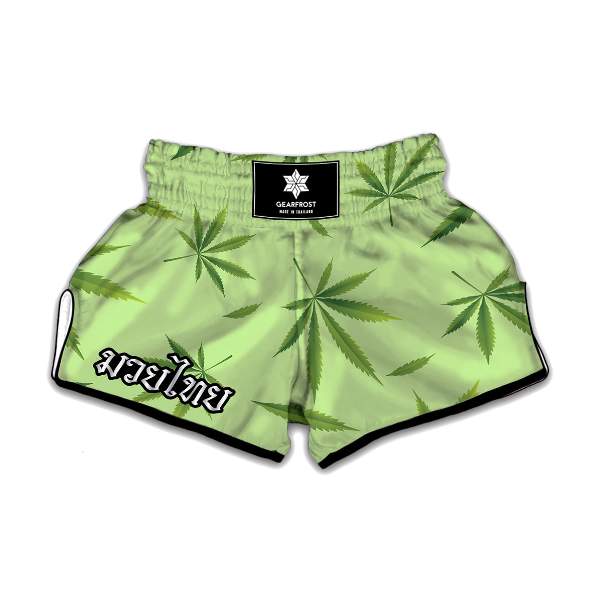 Green Hemp Leaves Pattern Print Muay Thai Boxing Shorts