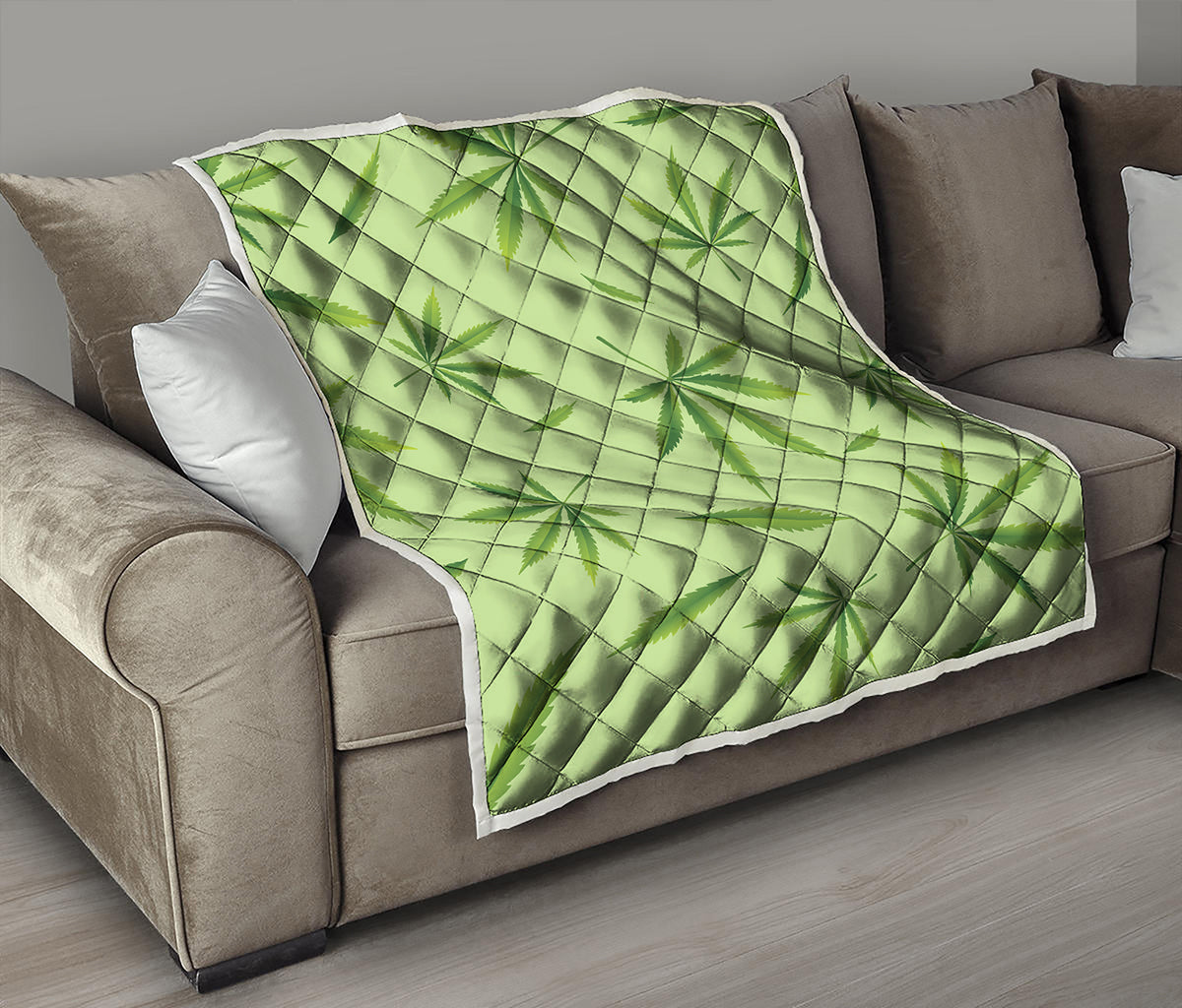 Green Hemp Leaves Pattern Print Quilt