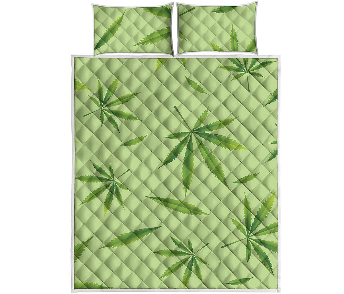Green Hemp Leaves Pattern Print Quilt Bed Set